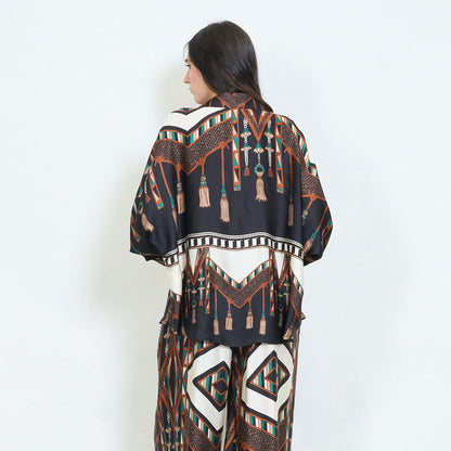 Geometric tassel and animal printed satin blouse wholesale