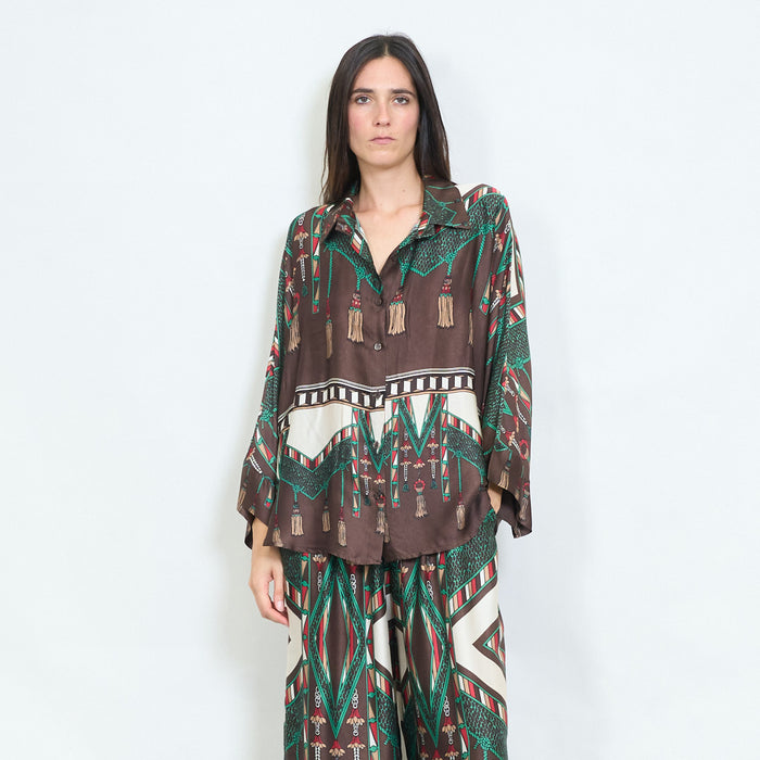 Geometric tassel and animal printed satin blouse wholesale