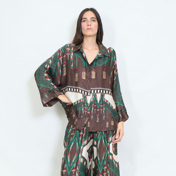 Geometric tassel and animal printed satin blouse wholesale