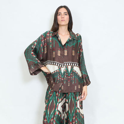 Geometric tassel and animal printed satin blouse wholesale