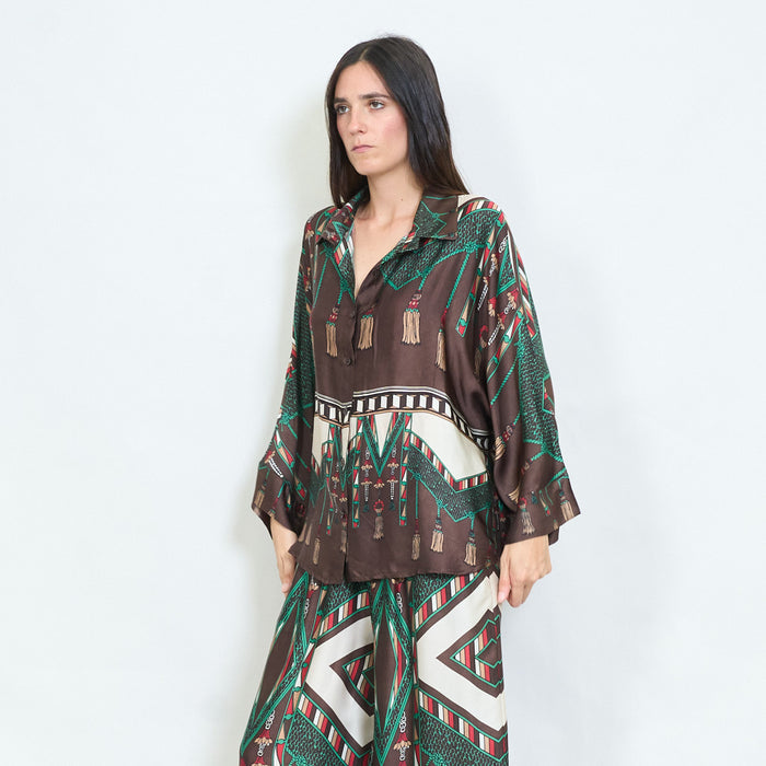 Geometric tassel and animal printed satin blouse wholesale