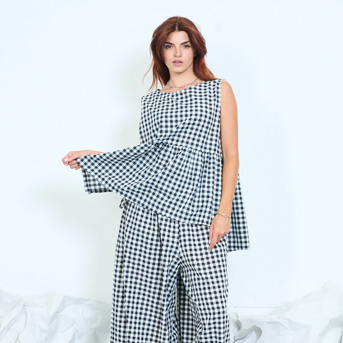 Gingham asymmetric tunic top with side ties wholesale