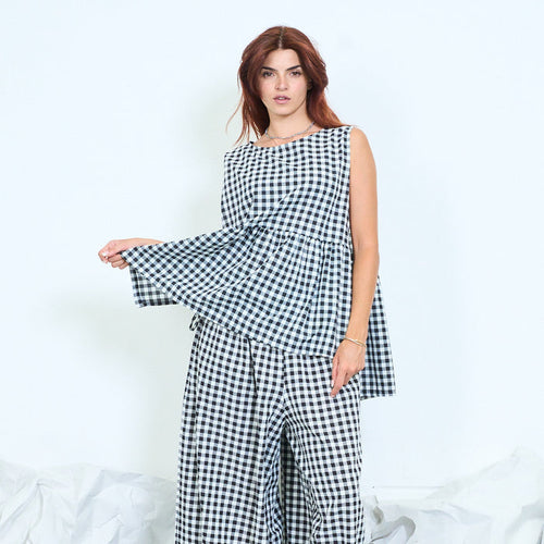 Gingham asymmetric tunic top with side ties wholesale