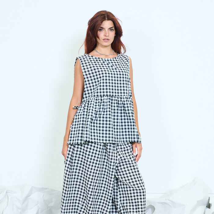 Gingham asymmetric tunic top with side ties wholesale