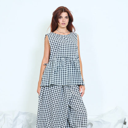 Gingham asymmetric tunic top with side ties wholesale