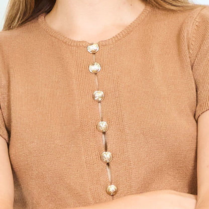 Gold-button short sleeve knit top wholesale