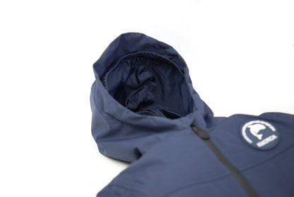 Taped seams and adjustable hood detail – navy hard-shell rain jacket