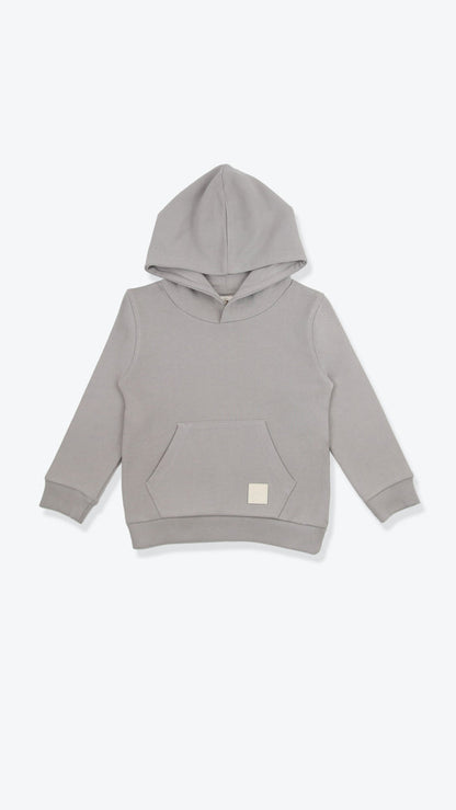 Organic french terry kids hoodie in pebble grey – front view