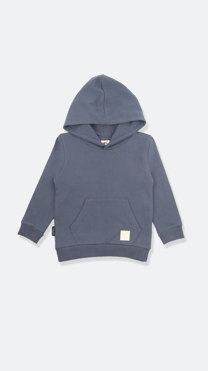 Organic french terry kids hoodie in fjord blue – front view