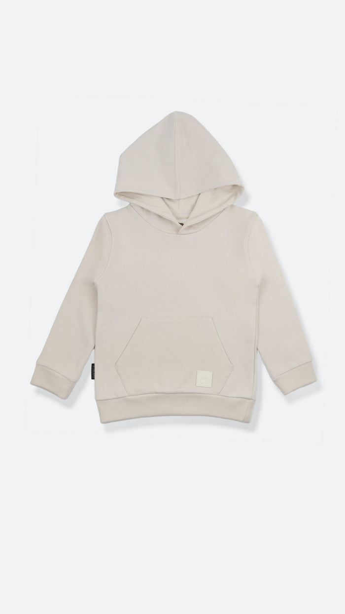 Organic french terry kids hoodie in oat color – front view