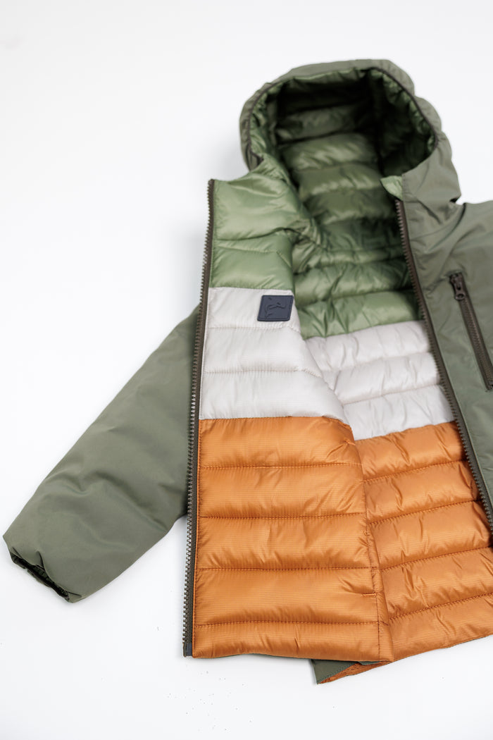 Kids Puffer Jacket - Porteau Reversible Waterproof - Fall/Winter - Dusty Olive