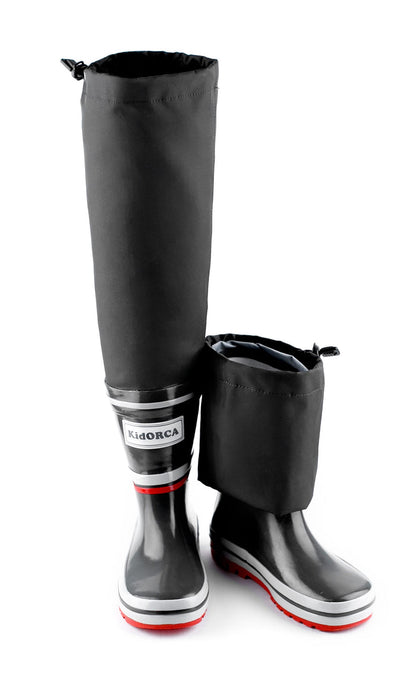 Kids grey rain boots with above-knee waders – front view