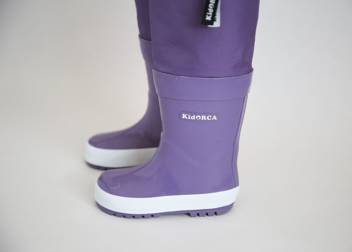 Kids grape rain boots with above-knee waders – side view