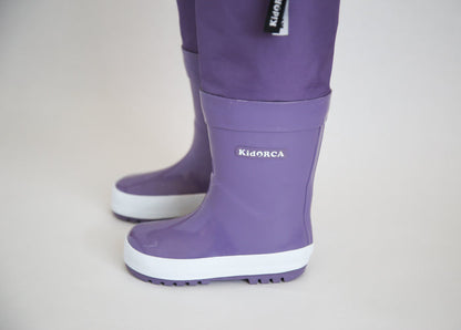 Kids grape rain boots with above-knee waders – side view