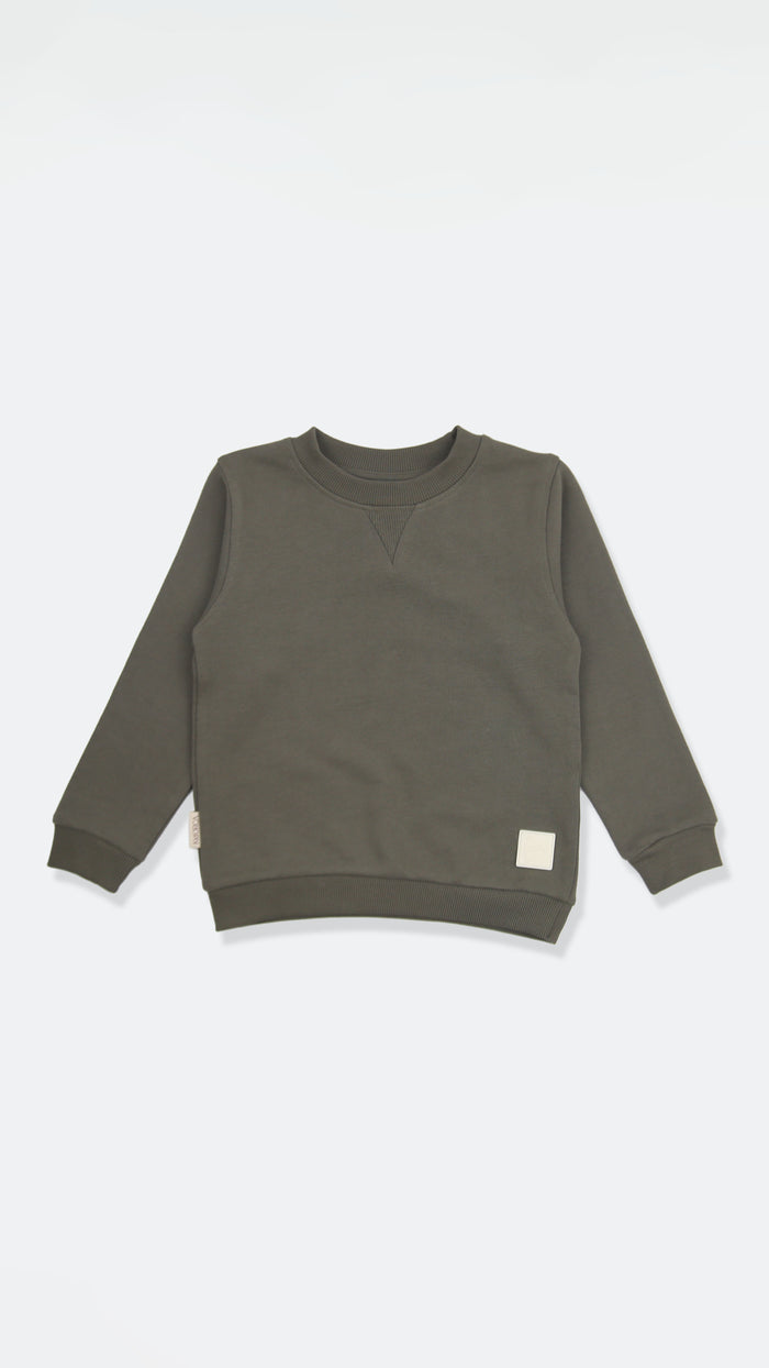 Organic french terry kids sweatshirt in dusty olive color – front view