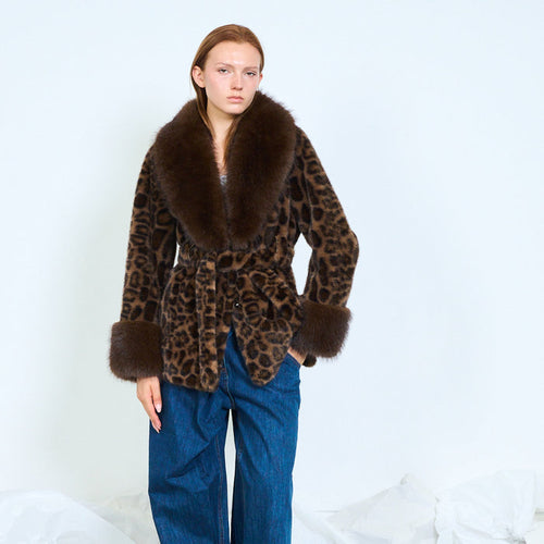 Leopard print belted coat with fur trim wholesale