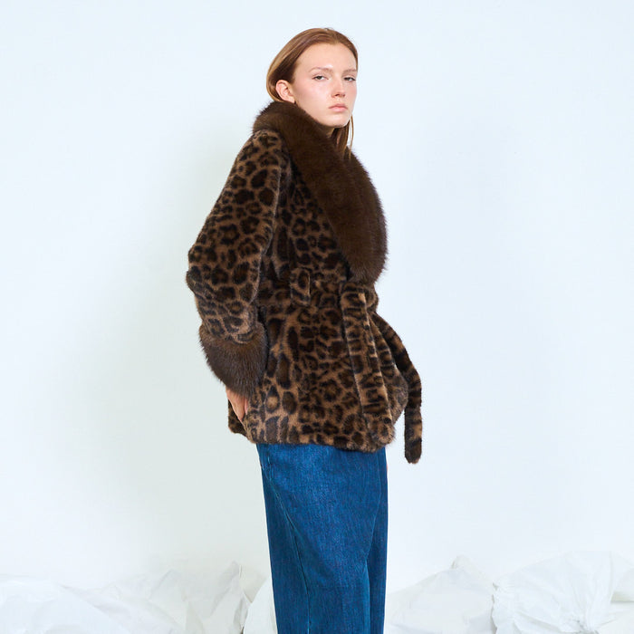 Leopard print belted coat with fur trim wholesale