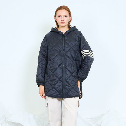 Leopard-trim quilted hooded jacket with striped sleeves wholesale