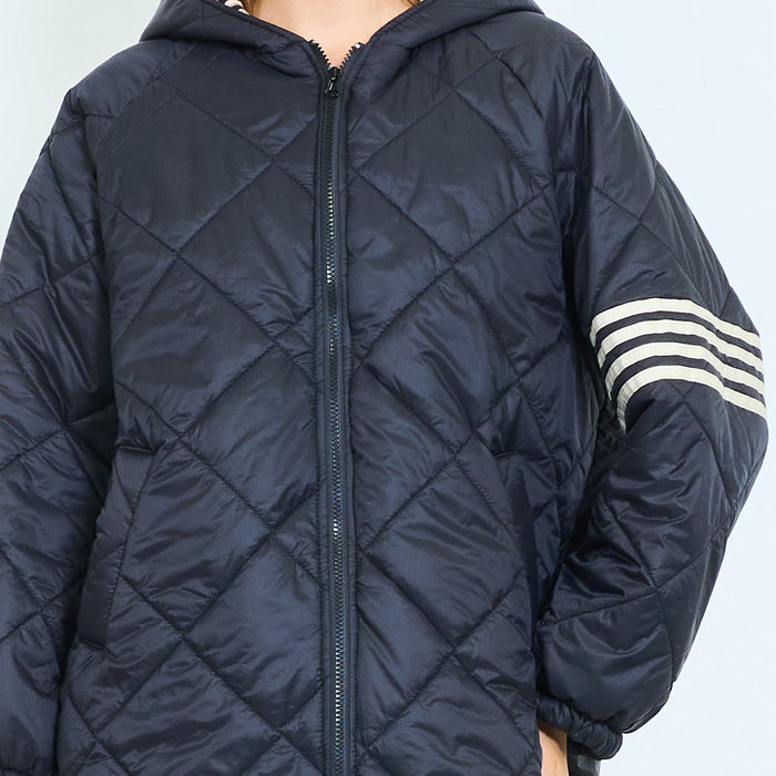 Leopard-trim quilted hooded jacket with striped sleeves wholesale