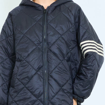 Leopard-trim quilted hooded jacket with striped sleeves wholesale