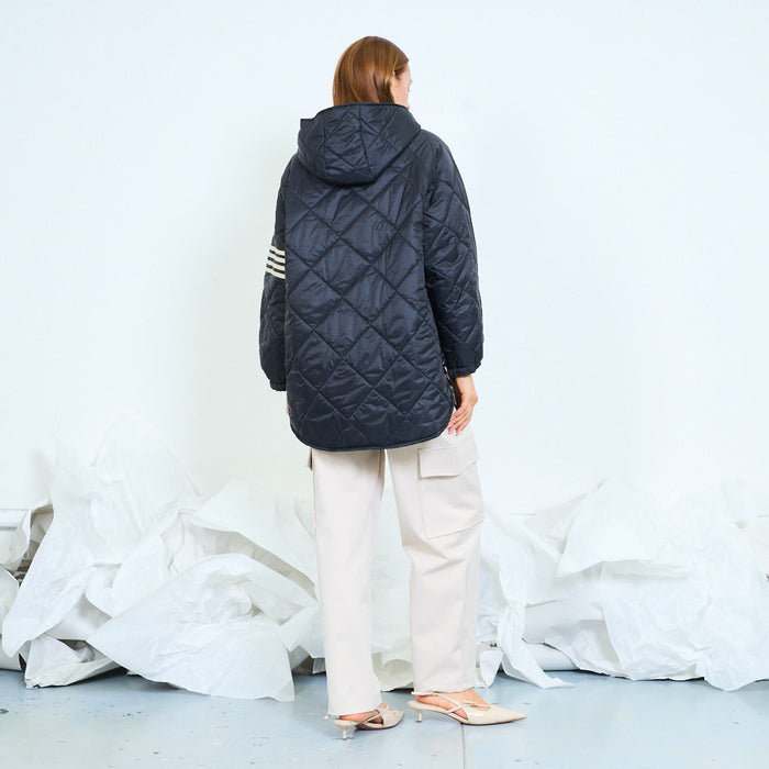 Leopard-trim quilted hooded jacket with striped sleeves wholesale