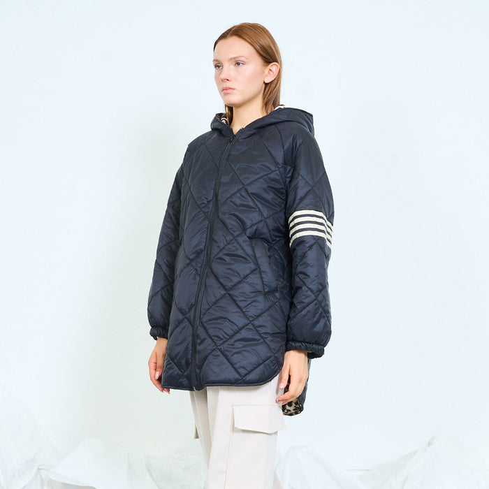 Leopard-trim quilted hooded jacket with striped sleeves wholesale