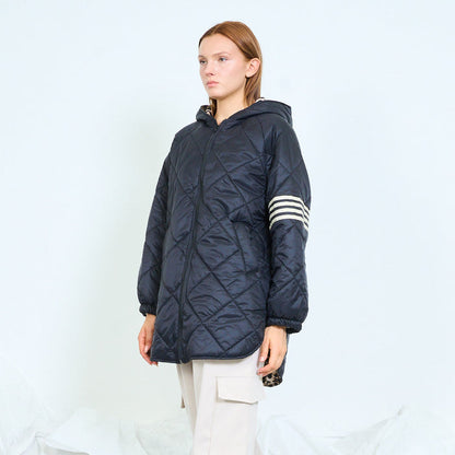 Leopard-trim quilted hooded jacket with striped sleeves wholesale