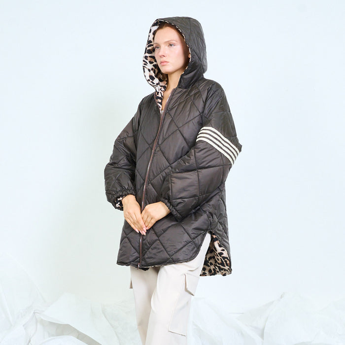 Leopard-trim quilted hooded jacket with striped sleeves wholesale