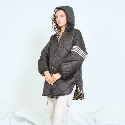 Leopard-trim quilted hooded jacket with striped sleeves wholesale