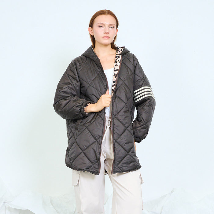 Leopard-trim quilted hooded jacket with striped sleeves wholesale