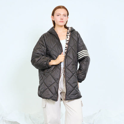 Leopard-trim quilted hooded jacket with striped sleeves wholesale