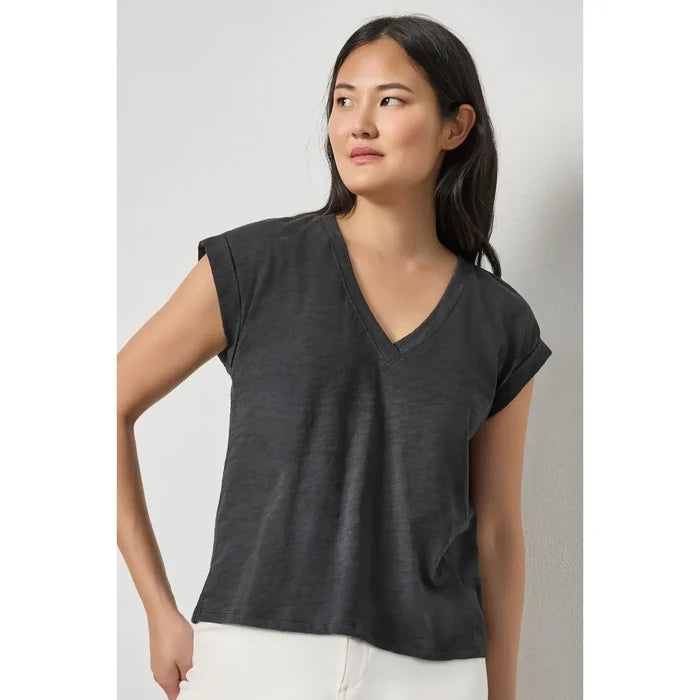Lilla P Cuffed Sleeve V-Neck in Black