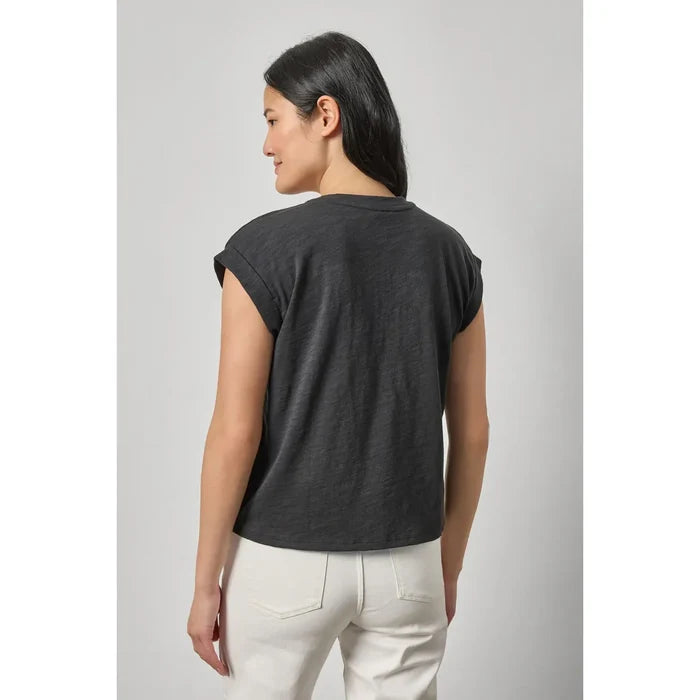 Lilla P Cuffed Sleeve V-Neck in Black