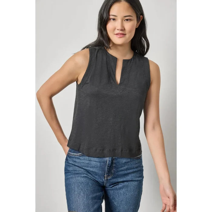 Lilla P Pleat Split Back Neck Tank in Black