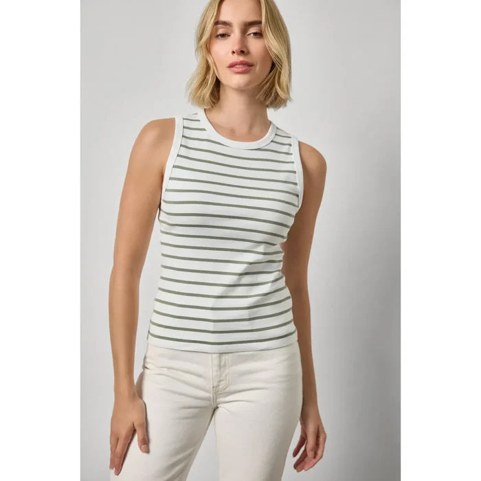 Lilla P Rib Stripe High Neck Tank in Sage Stripe