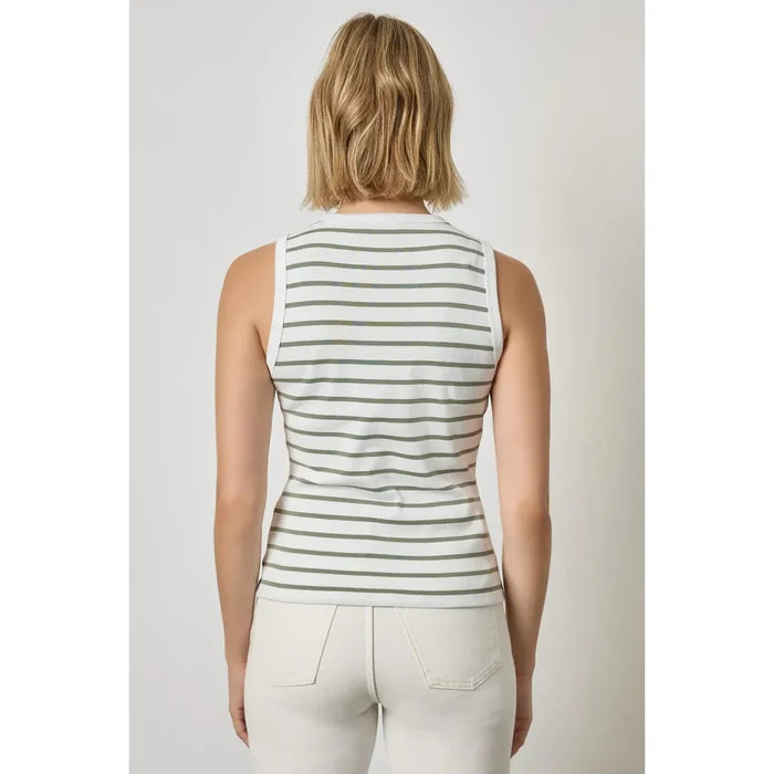Lilla P Rib Stripe High Neck Tank in Sage Stripe