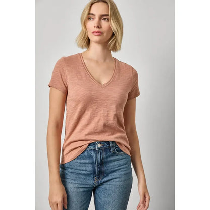 Lilla P Short Sleeve Back Seam V-Neck in Carob