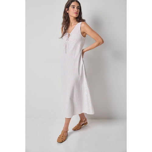 Lilla P Striped Keyhole Midi Dress in Bark Stripe