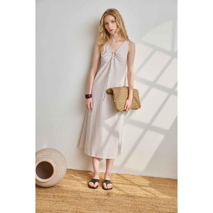 Lilla P Striped Keyhole Midi Dress in Bark Stripe