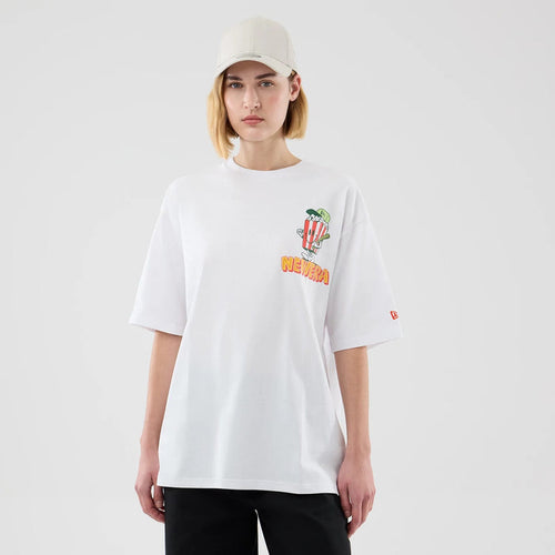 The model is wearing this New Era Baseball Popcorn Graphic Oversized T-Shirt in white. 4