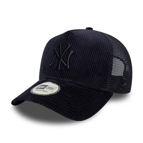 Pictured is this MLB Cord New York Yankees 9FORTY A-Frame Trucker cap in navy. 1