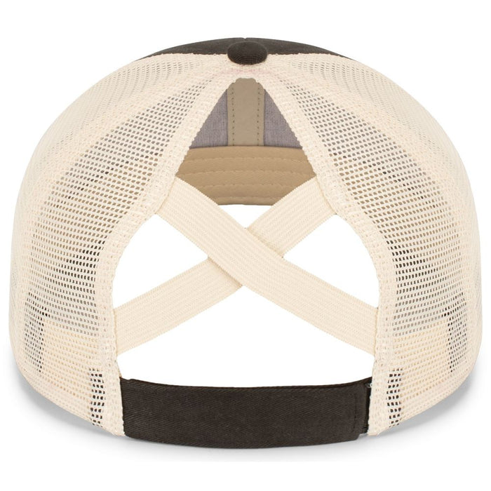 Rear view of the Pacific Headwear NSA Script Ladies Ponytail Cap (P130) with a black brim, beige mesh panels, and crisscross elastic bands above an adjustable strap—ideal for fans of the National Softball Association.