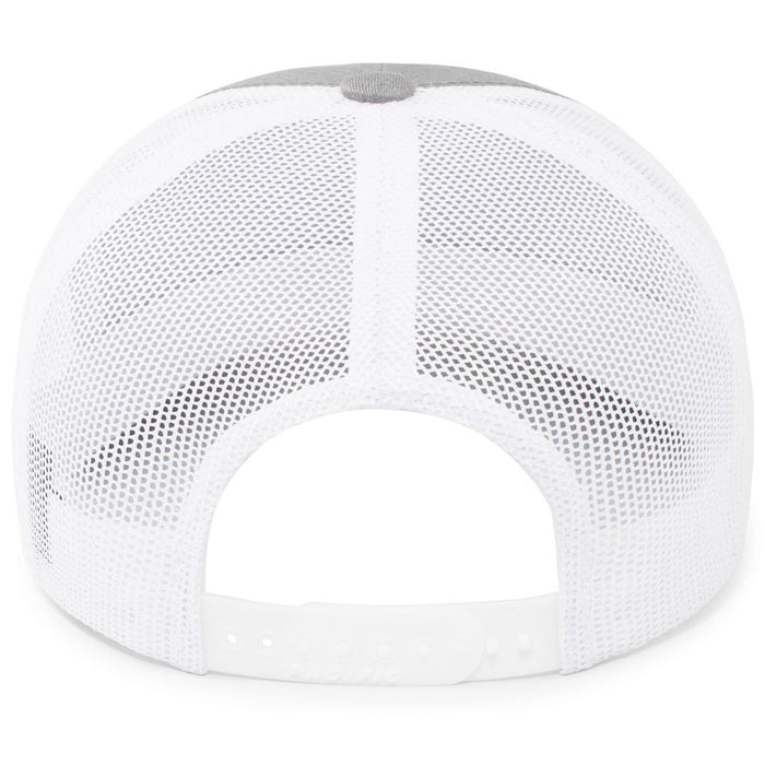 The image shows the back of a white Pacific Headwear NSA Script Trucker Snapback Braid Hat (104BR), featuring a 3D script logo, adjustable snapback closure, and breathable mesh for a classic sporty style.