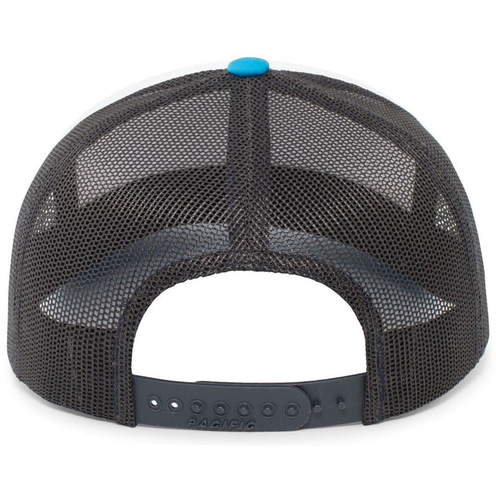 The NSA Script Trucker Snapback Braid Hat: 104BR by Pacific Headwear is a black mesh trucker hat with an adjustable snapback closure, blue top button, and classic style—ideal as a National Softball Association cap.