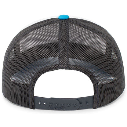 The NSA Script Trucker Snapback Braid Hat: 104BR by Pacific Headwear is a black mesh trucker hat with an adjustable snapback closure, blue top button, and classic style—ideal as a National Softball Association cap.