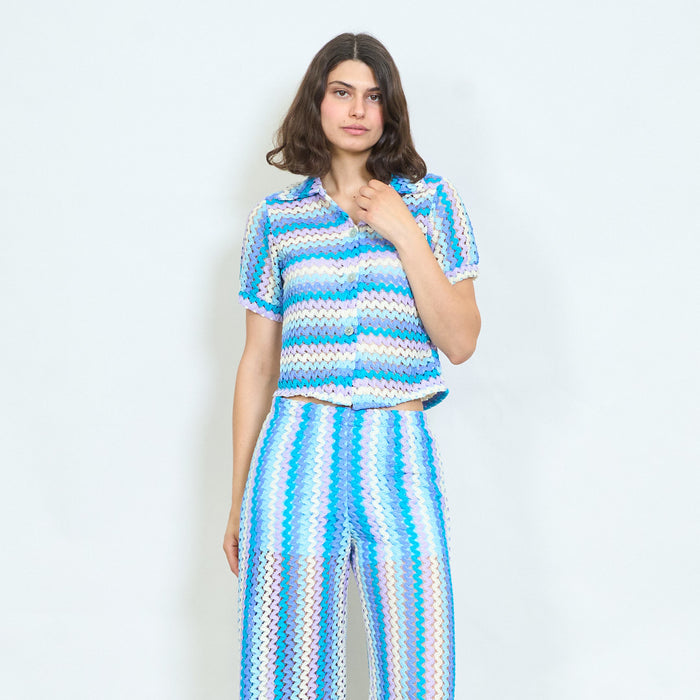 Openwork striped knitted collared blouse wholesale