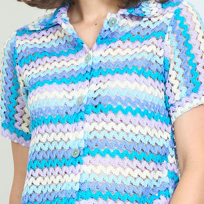 Openwork striped knitted collared blouse wholesale