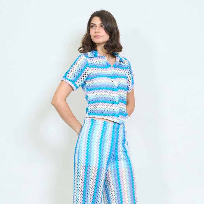Openwork striped knitted collared blouse wholesale