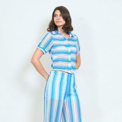 Openwork striped knitted collared blouse wholesale