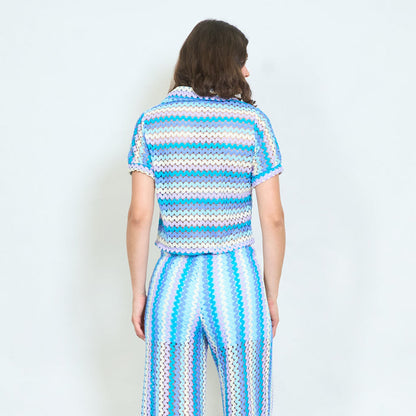 Openwork striped knitted collared blouse wholesale